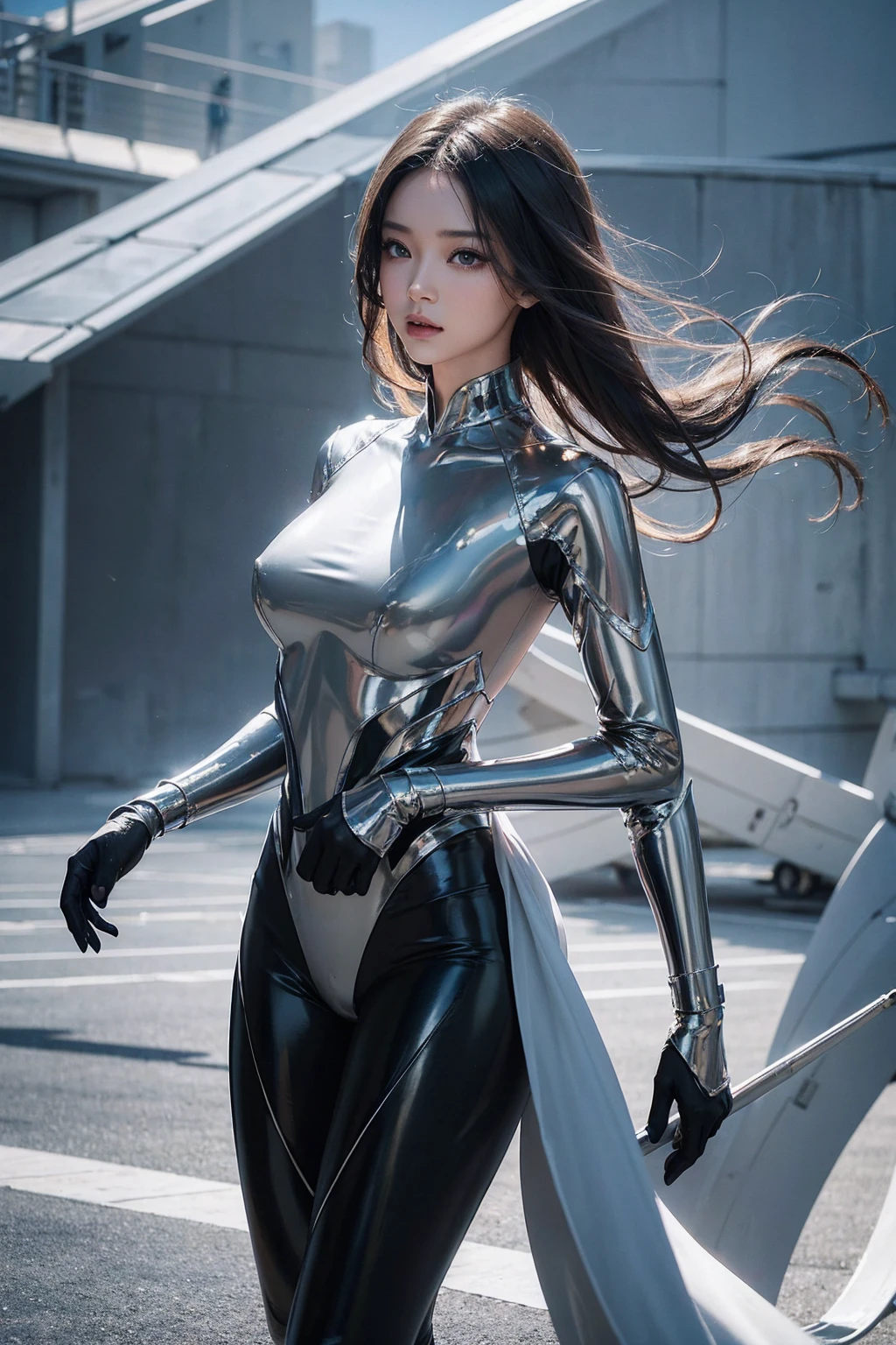 Asian Beauty Photography,Model figure,Top fashion magazine blockbuster composition,Cool Girl,Dynamic composition,Luminous Tulle,Layered translucent airbag structure、Surrealism,Titanium alloy curved clothing,Minimalist shadows in a surreal landscape, Dynamic rendering,European mythology,The Birth of Vilas,Ray Tracing,Three-dimensional,Central Hierarchy,Light and Shadow,Octane Rendering,Unreal Engine,digital modeling,Lin Fengmian,James Turrell,Zaha Hadid,Close-up of face,