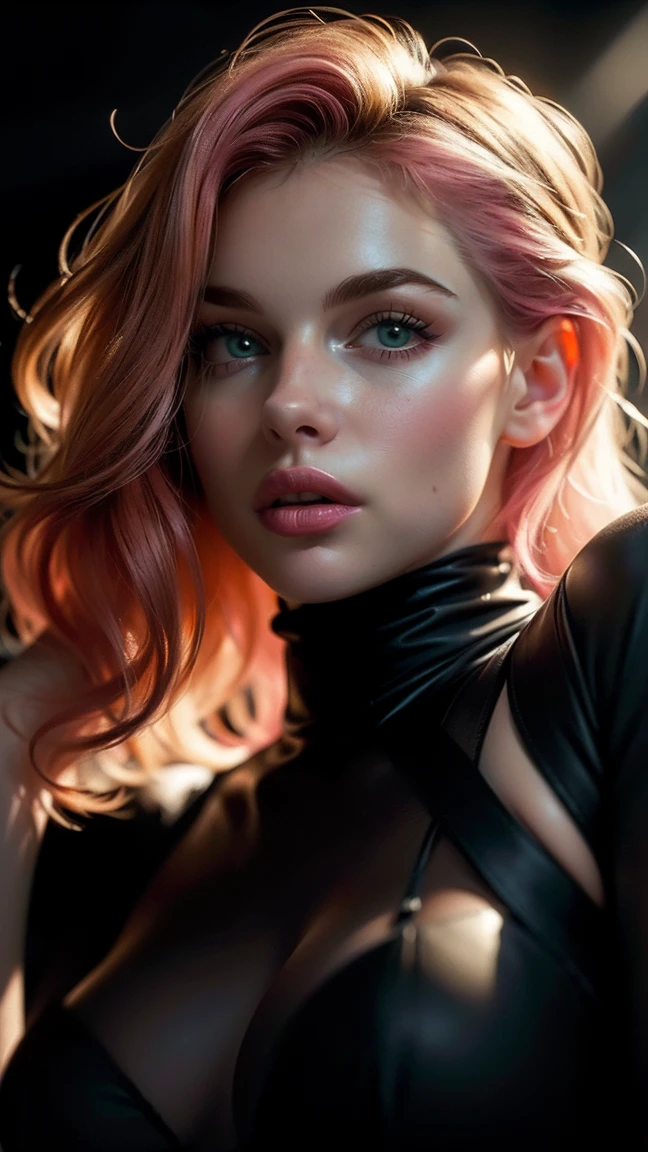 (((ultra realist))) photoshot, masterpiece, top quality, (pale skin), (ultra-detailed face and eyes:1.3), 1 girl, , In Lifchik, ((Eye make up, pink mascara)), ((size, Detailed Lips)), ((pink wavy hair)), ((stylish hairstyle)) , (Natural breasts), Slender waist. ((posing, Hand on face)), photoshot-Shooting, soft studio lighting, (The play of light and shadow), depth of field, bokeh, (special attention to skin details: 1.2), Detailed leather structure, Hautporen. (Warm atmosphere of the frame. Color scheme - black, yellow, metric tons), ((grunge style)) , DR, ((film grain)), ((Rays)), (glare), ((Waist up portrait, close to the camera)) , ultra detailed,