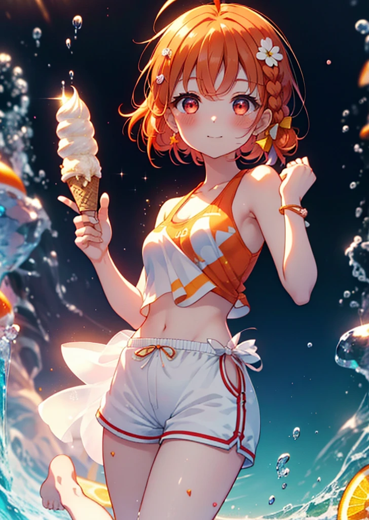 Takahai Chige,Orange Hair,Red eyes,smile,blush,Open your mouth,Long Hair,Ahoge,Orange tank top,Shorts,barefoot,Holding and eating ice cream with both hands,　　　　　　　　　　　　　　　break indoors, room, 　　　　　　　　　　　　　break looking at viewer, whole body, (Cowboy Shot:1. 5)　　　　　　　　　　　　　　　　　　break (masterpiece:1.2), Highest quality, High resolution, unity 8k wallpaper, (shape:0.8), (Beautiful attention to detail:1.6), Highly detailed face, Perfect lighting, Extremely detailed CG, (Perfect hands, Perfect Anatomy),