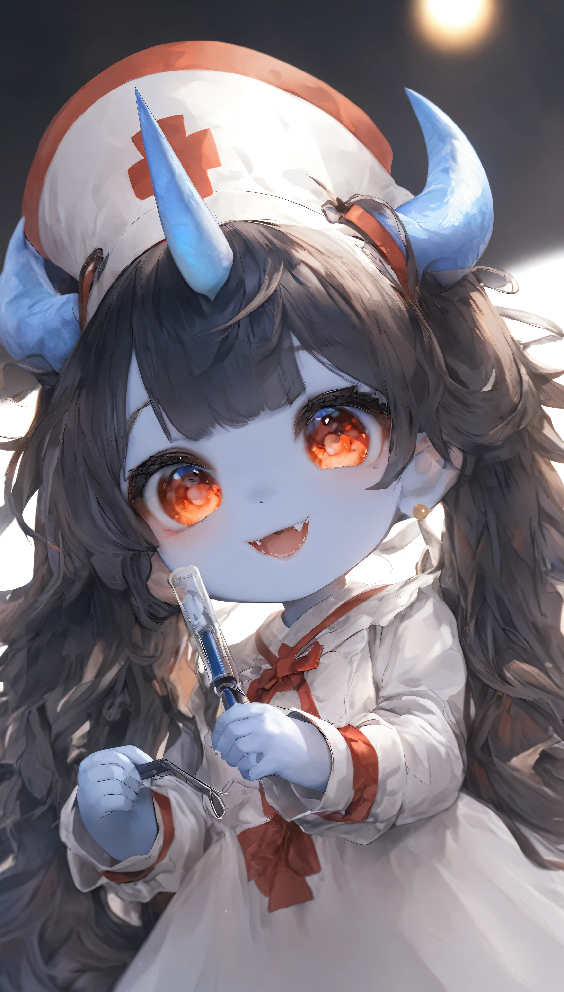 quality\(masterpiece, best quality,8k,wallpaper of extremely detailed CG unit,hight resolution,top-quality,top-quality real texture skin,hyper realisitic,increase the resolution,RAW photos,best qualtiy,highly detailed,the wallpaper\), BREAK ,1girl\(devil girl,,cute,cute hair,(blue skin),white nurse costume,nurse hat,pantyhose,red eye,big eyes,eye shining,holding injection molding,evil smile,sharp teeth,open mouth,blue horn\), BREAK ,background\(operation room,operation lights, operation bed, many surgery tools,dark room,\),anime style,dynamic angle