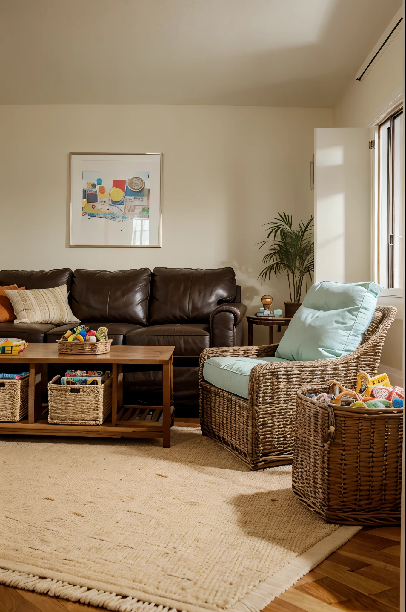 A living room with woven baskets used for storing blankets, magazines, or toys.