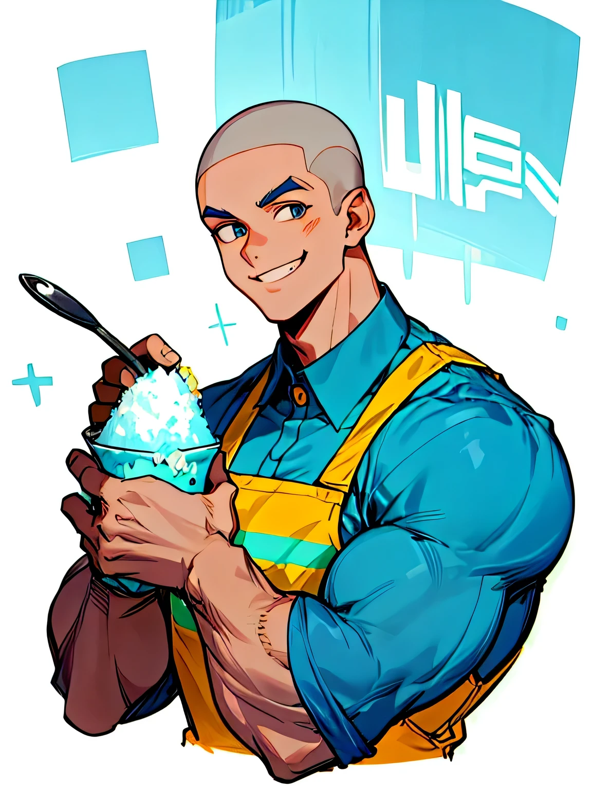 solo, upperbody, man, all shaved head, big forehead:0.6, muscular body, man's eyes, man's nose, grin, construction worker clothes, shaved ice, spoon,simple white background,