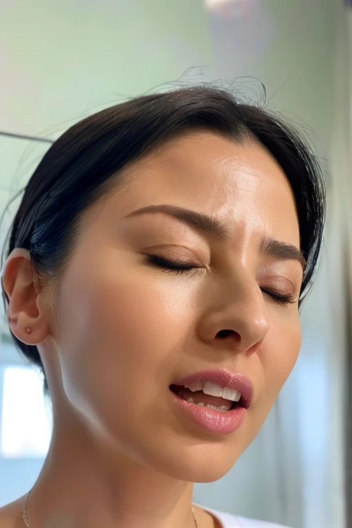 One Girl,Flying debris,,Award-winning photo, Very detailed, Edge Orgasm,Face Focus, (Woman with open mouth and closed eyes ), 30 years old、Black Hair、Glowing Skin、Face close-up,From below、Realistic nostrils、Long and narrow nasal cavity,、train、(train車内,By the window)、congestion、Are standing、((suit))、Big Breasts、(Sharp Nose)Grimacing performance:1.4, concept,teeth,performance,facial performances,Grimacing,Lift your head、Staring at the audience,eyeball