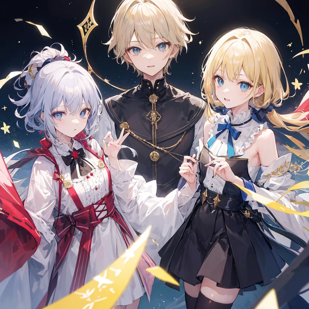(T Masterpiece、Extremely high quality、high resolution、Best Quality)、boy、金髪のboyと白髪の女の子、Princes and princesses、Blonde and gray hair、短髪のboyと長髪の女の子、2 people、cute、Dark and light background、A magical world