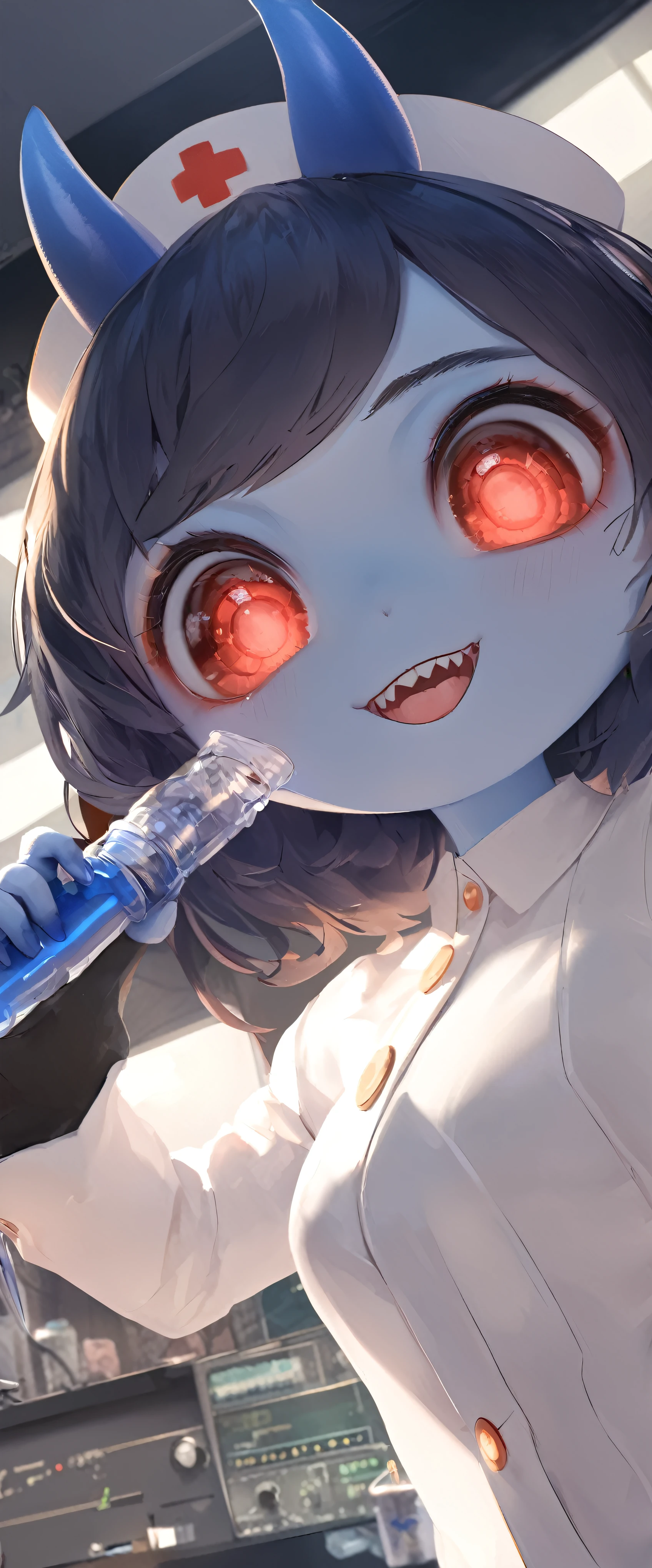quality\(masterpiece, best quality,8k,wallpaper of extremely detailed CG unit,hight resolution,top-quality,top-quality real texture skin,hyper realisitic,increase the resolution,RAW photos,best qualtiy,highly detailed,the wallpaper\), BREAK ,1girl\(devil girl,12 years old,cute,cute hair,(blue skin),white nurse costume,nurse hat,pantyhose,red eye,big eyes,eye shining,holding injection molding,evil smile,sharp teeth,open mouth,blue horn\), BREAK ,background\(operation room,operation lights, operation bed, many surgery tools,dark room,many souls floating\),anime style,dynamic angle,long shot