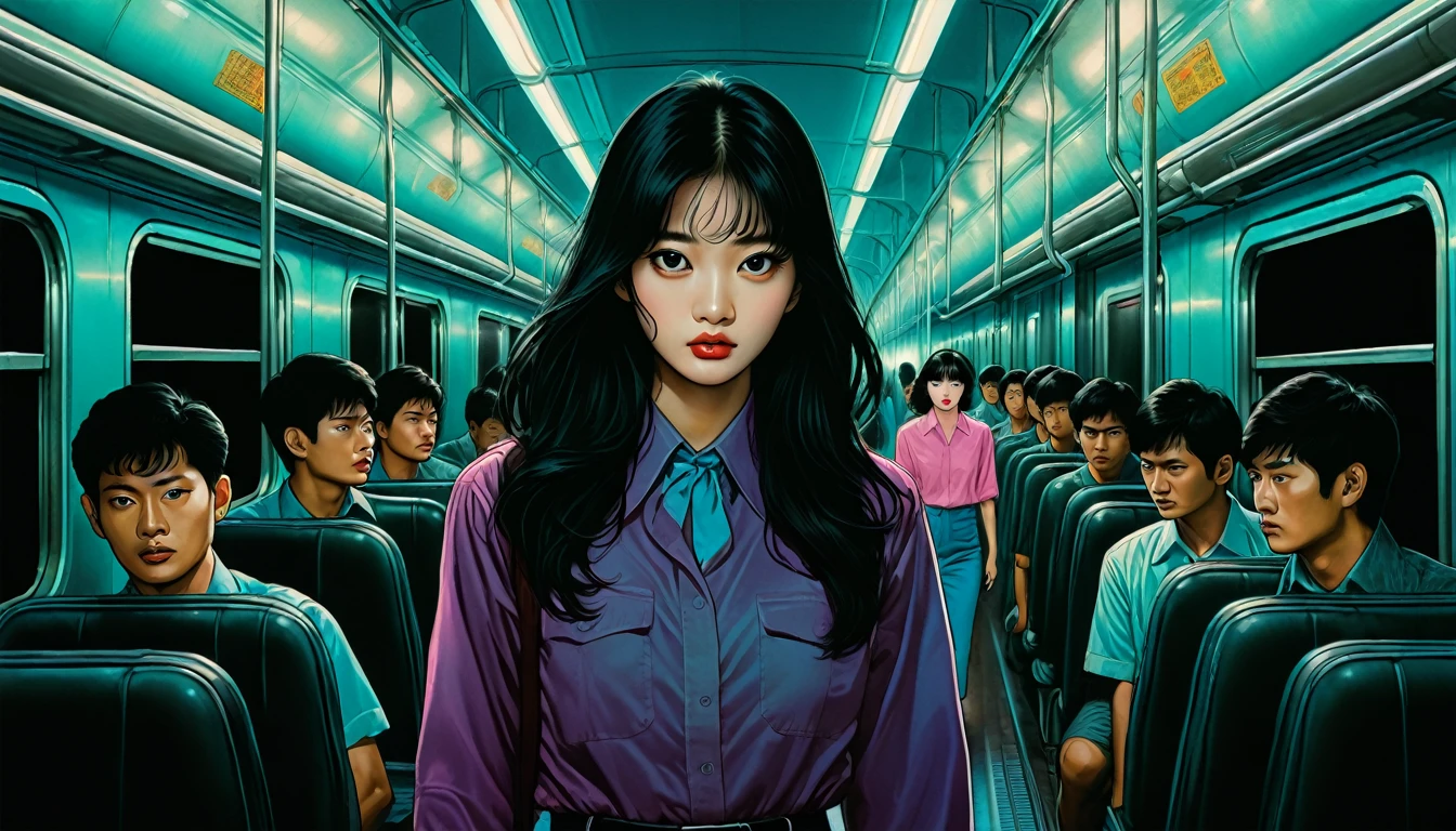 An illustration、art、80s Thai horror movie poster, Supervised by Junji Ito、(train:1.2)、High 、Attention to detail, Realistic Shadows、Analog Style, chromatic aberration, Surrealism、Complementary Gradient