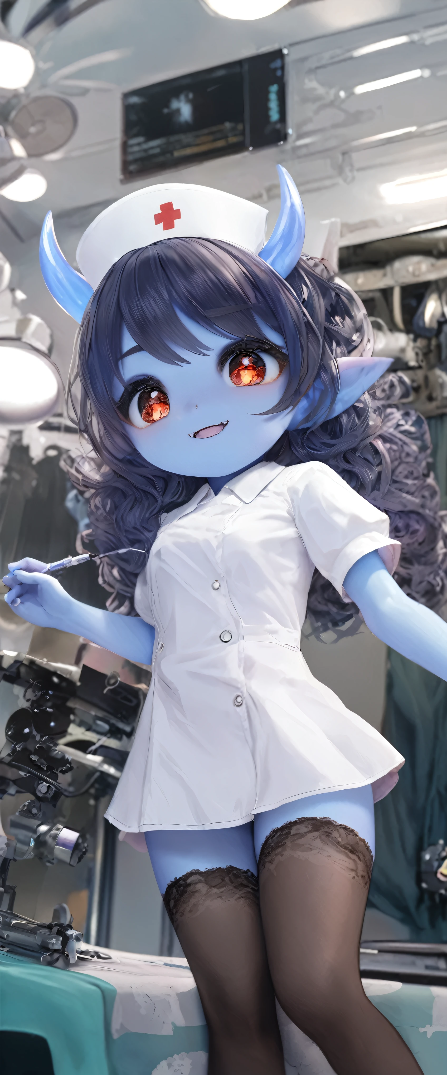 
quality\(masterpiece, best quality,8k,wallpaper of extremely detailed CG unit,hight resolution,top-quality,top-quality real texture skin,hyper realisitic,increase the resolution,RAW photos,best qualtiy,highly detailed,the wallpaper\), BREAK ,1girl\(devil girl,,cute,cute hair,(blue skin),white nurse costume,nurse hat,pantyhose,red eye,big eyes,eye shining,holding injection molding,evil smile,sharp teeth,open mouth,blue horn\), BREAK ,background\(operation room,operation lights, operation bed, many surgery tools,dark room,many souls floating\),anime style,dynamic angle,long shot