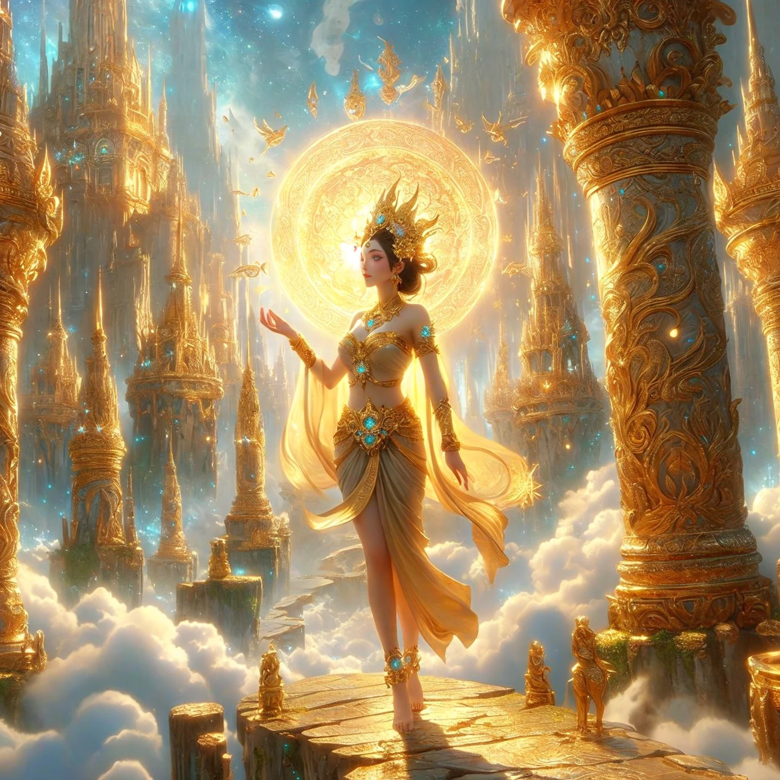 beautiful realistic woman  ,Ancient City Background ,Chest cloth , white skirt  , , Beautiful makeup ,blue eyes , white skin , pink mouth ,Dressed in gold, standing in front of a crescent moon., goddess of heaven, goddess of the moon, anime goddess, beautiful heavenly mage, lunar goddess, Moon Goddess, Golden Lotus Princess, Goddess of the Galaxy, Beautiful Fantasy Empress, ((Beautiful Fantasy Empress)), Goddess and Moon, As the sun goddess,, Goddess of space and time , thong stockings , Fine gold jewelry