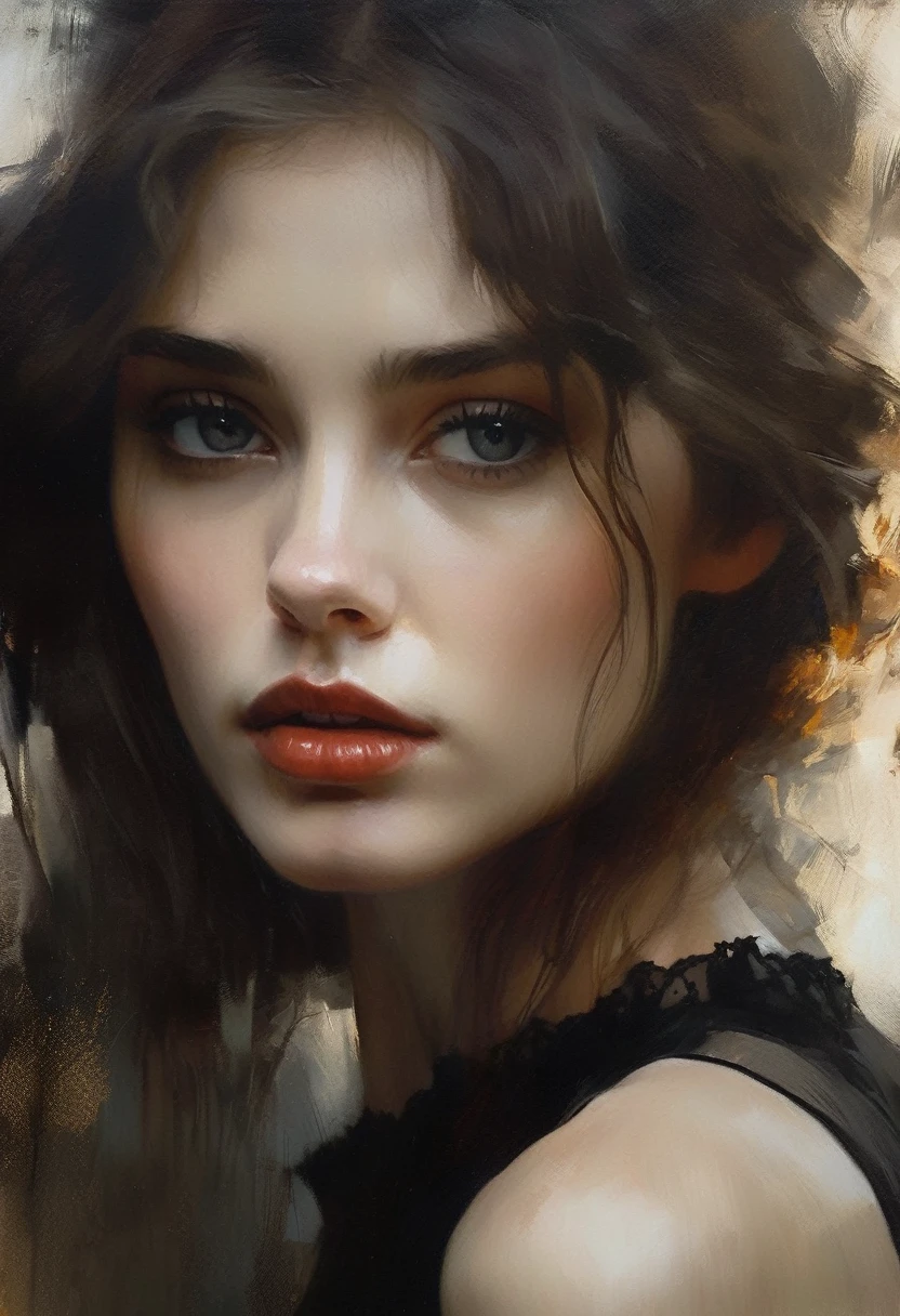 colored ink painting style of Casey Baugh, an award-winning painting, an impressive of the face of a skinny Gothic woman that captivates the viewer. Her pale, porcelain-like skin appears almost supernatural, while her dark eyes exude depth and penetration. The fine details of her face are accentuated by the interplay of light and shadow, highlighting her distinctive features. The dark lips lend a mysterious sensuality to her expression. This close-up captures the intensity and captivating allure of Gothic aesthetics in a single moment close-up, complete face, skinny, Gothic, woman style of Casey Baugh, an award-winning colored, ultra HD, 8 k, cleavage, sexy