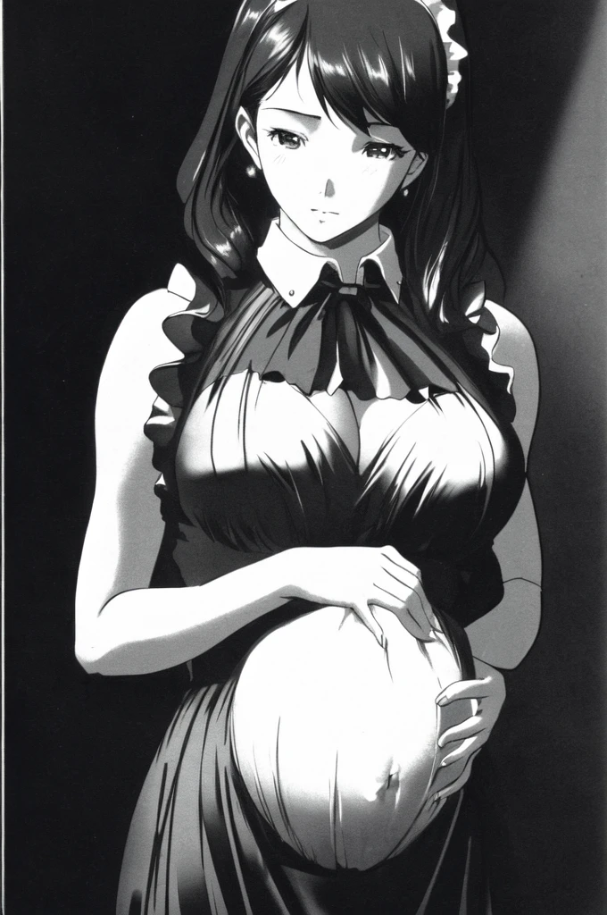 a beautiful detailed girl, 1girl, standing in a bedroom, hands on her chest, wearing a maid_MF_dress, pregnant, extremely detailed anatomy, surreal, (best quality,4k,8k,highres,masterpiece:1.2),ultra-detailed,(realistic,photorealistic,photo-realistic:1.37),Zdzisław Beksiński style, dramatic lighting, cinematic, chiaroscuro, dramatic shadows