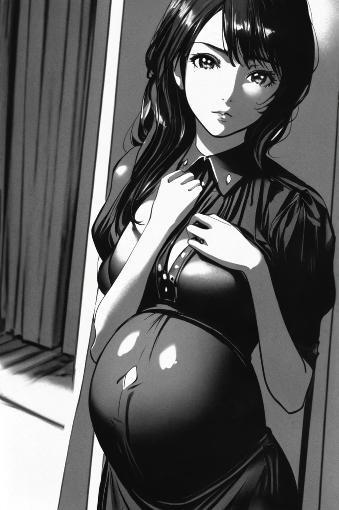 a beautiful detailed girl, 1girl, standing in a bedroom, hands on her chest, wearing a maid_MF_dress, pregnant, extremely detailed anatomy, surreal, (best quality,4k,8k,highres,masterpiece:1.2),ultra-detailed,(realistic,photorealistic,photo-realistic:1.37),Zdzisław Beksiński style, dramatic lighting, cinematic, chiaroscuro, dramatic shadows