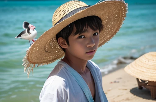 Highest quality,4K,Cowboy Shot:1.5,(Fisherman Boy、Straw hat,Cute eyes:1.5,A buncho on his shoulder、A Java sparrow is his pet.:1.5),Boy with fishing equipment、port、Gazing at the Sea、(Emerald Green Sea,Sun reflection,The water surface is sparkling:1.5,)Very beautiful scenery,Seagulls are flying,Naughty Boy、