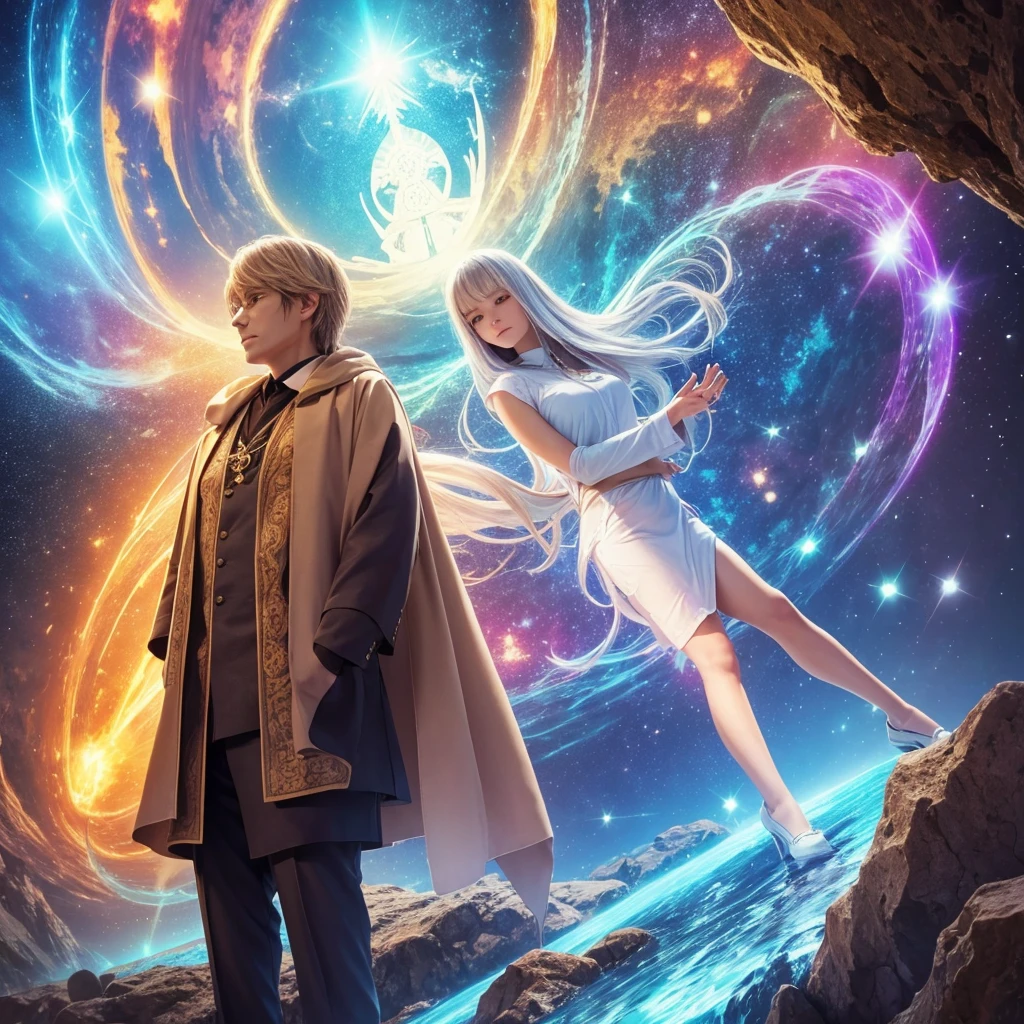 Person standing with spiritual mentor from another dimension assisting