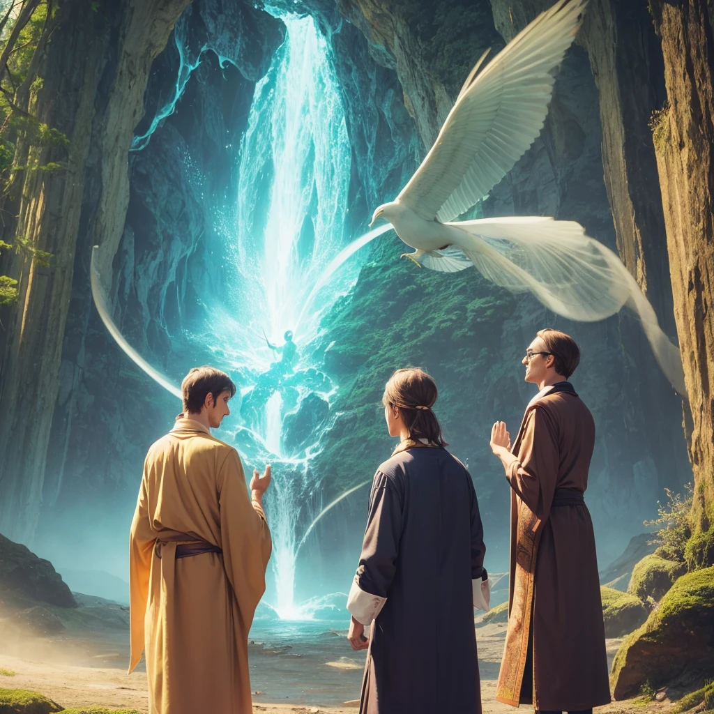 Person standing with spiritual mentor from another dimension assisting 