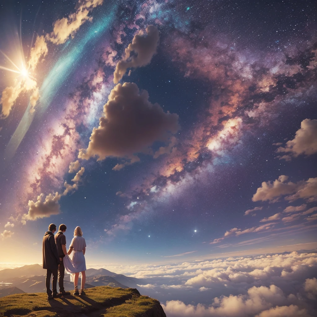 Person standing with spiritual mentor from another dimension assisting 
