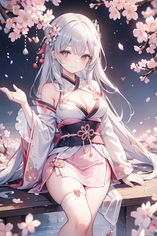 young girl, silver hair, silver eyes,beautiful and detailed eyes, big breasts, long hair, happy smile,kimono,mini skirt, (cherry blossom tree park )