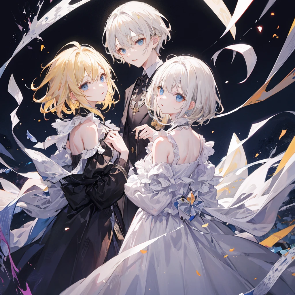 (T Masterpiece、Extremely high quality、high resolution、Best Quality)、Blond boy and white haired girl、Princes and princesses、Blonde and gray hair、Short haired boy and long haired girl、2 people、cute、Dark and light background、A magical world