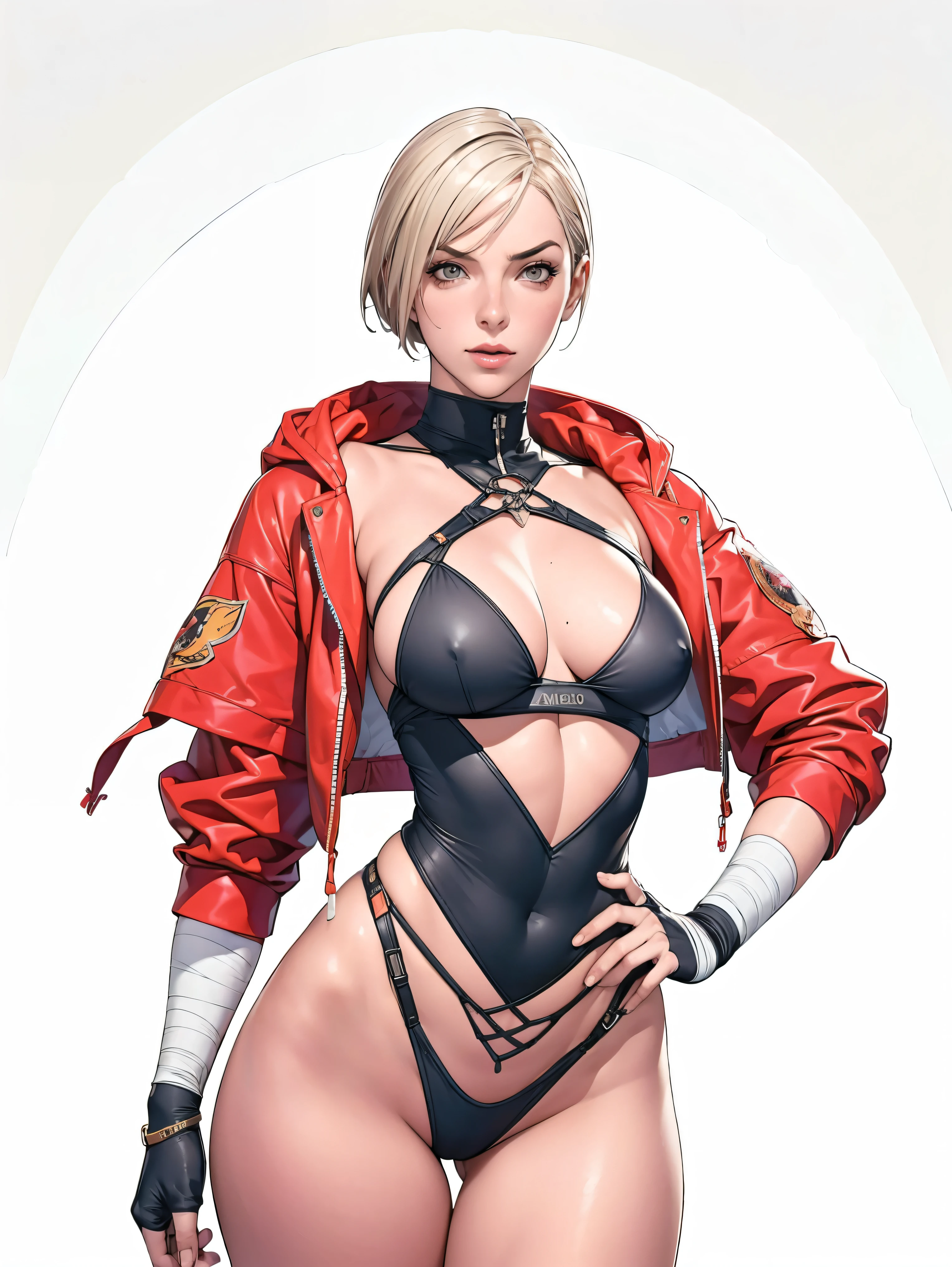 (((Annie Lennox))), (((colorful suit))), (scars), (((bandaged arms))), (((colorful clothes))) (( hood)), (((best qualityer: 1.4))), (Unbeatable masterpiece), (hiper HD),(CG 8k hyper-realistic), brave face, (((breasts big))), (((hyper feminine))), sexly girl, black tattoo,(ultra short red hair with white highlights)), ((( sculptural body ))), (((1 Kizi))), Kizi tatuada de 25 anos com perfectbody,,Beautiful and well-groomed face,muscular body:1.2,solid color detailed jacket, (Head to thigh photos), Complex equipment, ,Tight clothes,With white stars and off-white stripes,,,,,Armor Metal Electronic Parts, Poison tattoos ) INFO, Kizi, (((standing alone))), , 24歳, sexy, pose de atitude, work of art, post-apocalypse, (((manga style))), bounty hunter, the way you want, perfect body, roupa moderna, advanced technology, in red and black, fur collar jacket, sleeves with vertical striped pattern, background city, (( cowboy shot )). intricate visual, narrow waist, (((wide hips))), wide hips, fit thighs, (thigh gap), background shows a futuristic airplane