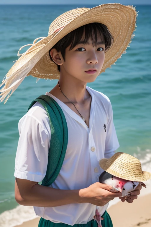 Highest quality,4K,Cowboy Shot:1.5,(Fisherman Boy、Straw hat,Cute eyes:1.5,A buncho on his shoulder、A Java sparrow is his pet.:1.5),Boy with fishing equipment、port、Gazing at the Sea、(Emerald Green Sea,Sun reflection,The water surface is sparkling:1.5,)Very beautiful scenery,Seagulls are flying,Naughty Boy、