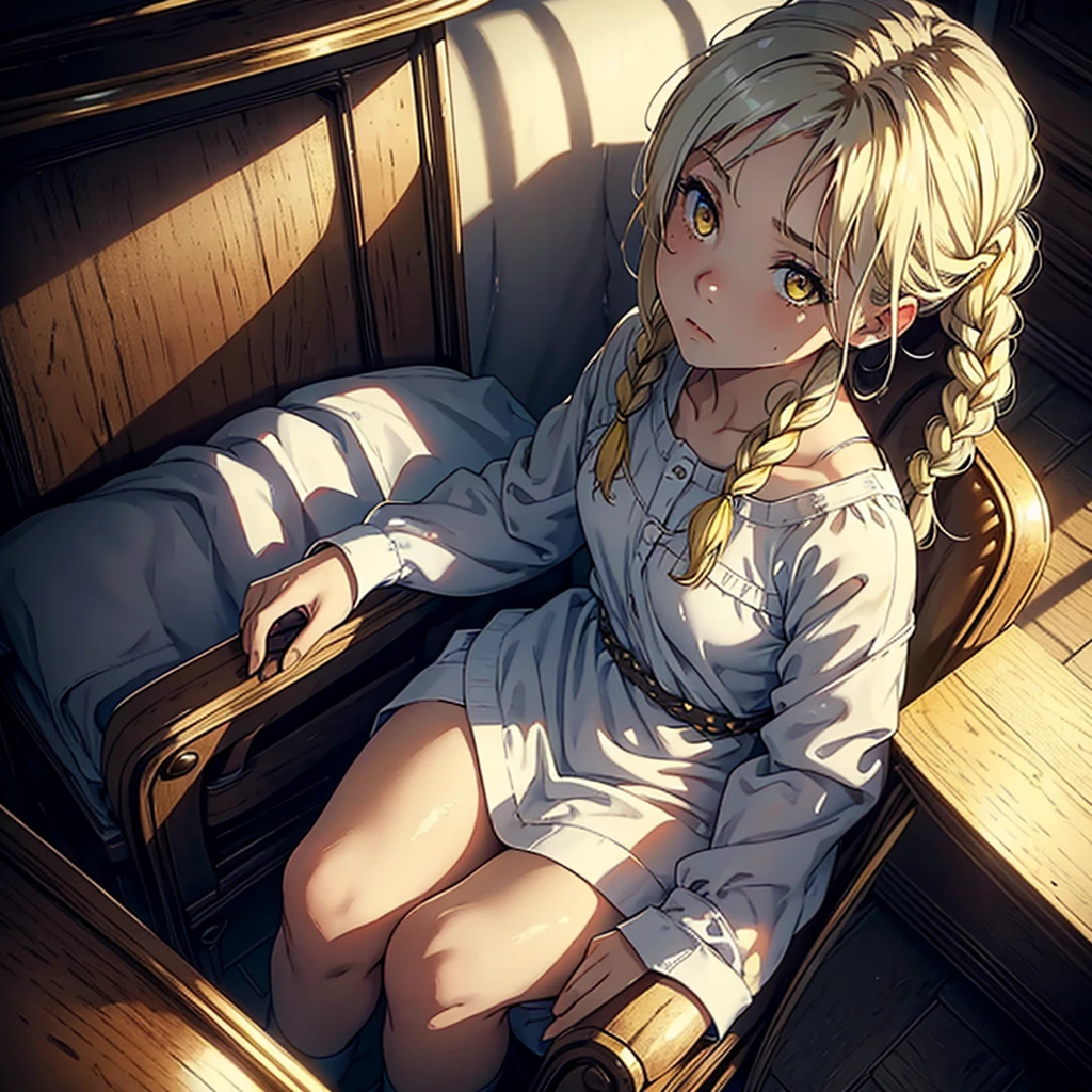 A woman, 20 years, by the wide, by white, honey yellow eyes, small braids in her hair, chest a little big, beautiful body, fearful eyes, shy facial and body expressions, sloppy clothes, full body, sitting in an armchair, view from above
