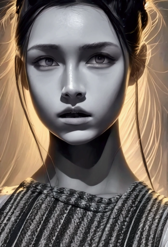 A beautiful girl with cornrows/bun hairstyle, face covered by a cloth, high contrast black and white, dramatic lighting, cinematic, chiaroscuro, oil painting, photorealistic, 8k, extremely detailed, masterpiece, studio lighting