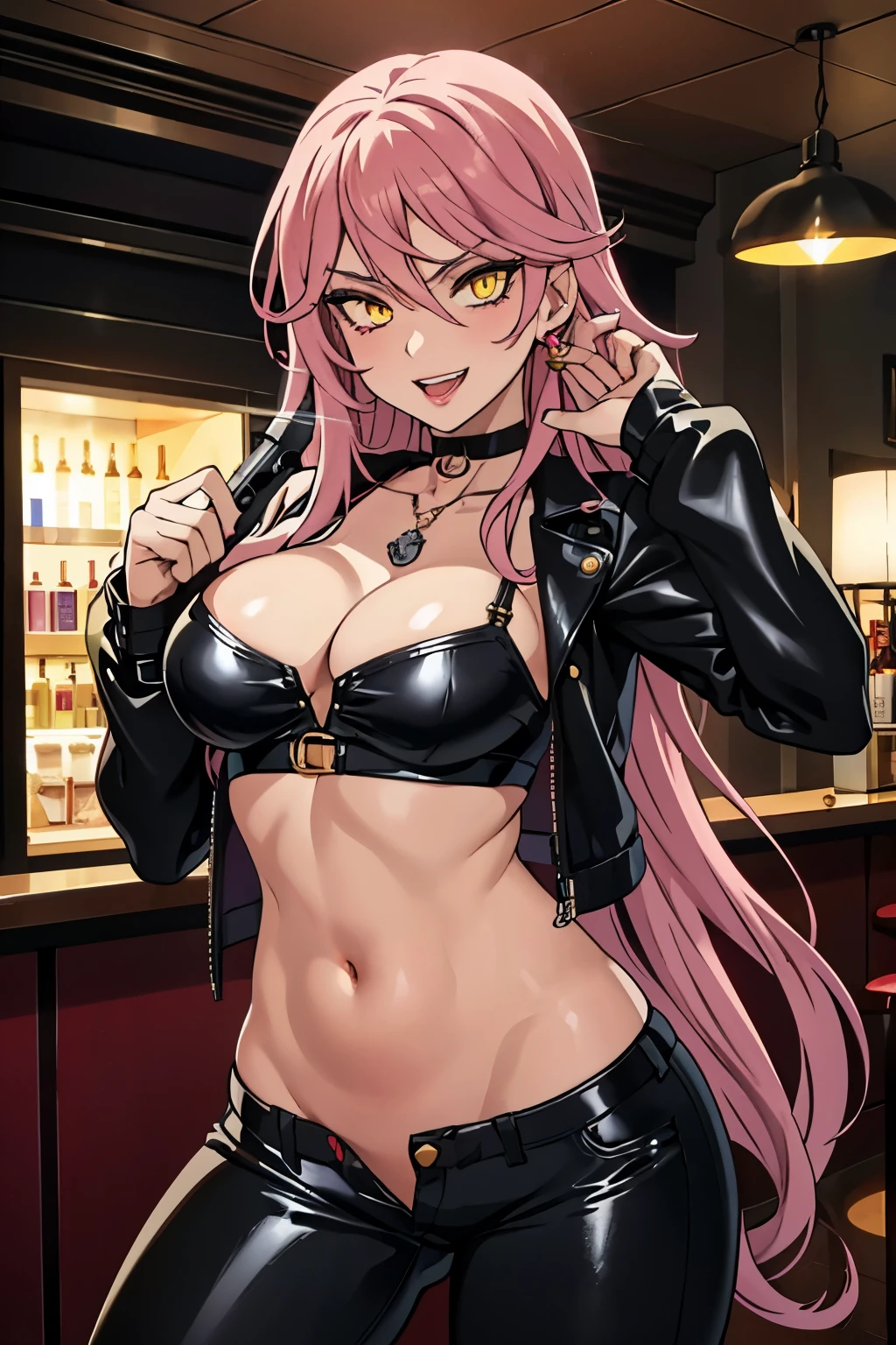 1girl, long hair, pink hair, multicolored hair, yellow eyes, choker, necklace, lipstick, blush, Hot girls, baddie, staring, glaring, bad attitude, mean girl, crazy, smoking, sensual, attractive, bar background, inside bar, indoor, masterpiece, best quality, highly detailed, a girls with a gun, evil smile , open mouth, sexy gaze, badass pose , evil smile, smile, (nsfw) not safe for work, guns blazing, anime girl with long hair, beautiful long haired girl, navel, evil expression, exposed belly, exposed navel, exposed midriff, exposed lower belly, long black pants, crop top, cleavage, unbuttoned leather pants ,open fly, low rise black leather pants, leather jacket, holding a gun, holding pistol