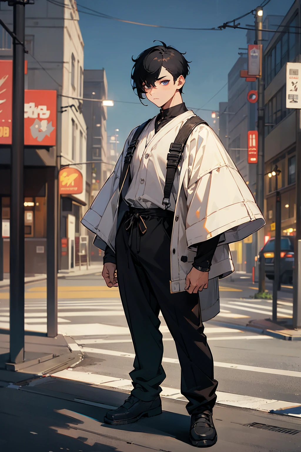 Masterpiece Quality, Perfect Generation, Sclera, Detailed Eyes, Skin, Hair, Muscular, Street Clothing, Tired Expression, , City Background, Full Body, Skin, , , , facing viewer, Standing Outside, Clothed, , Eyes, hair, male, buzz cut, black hair