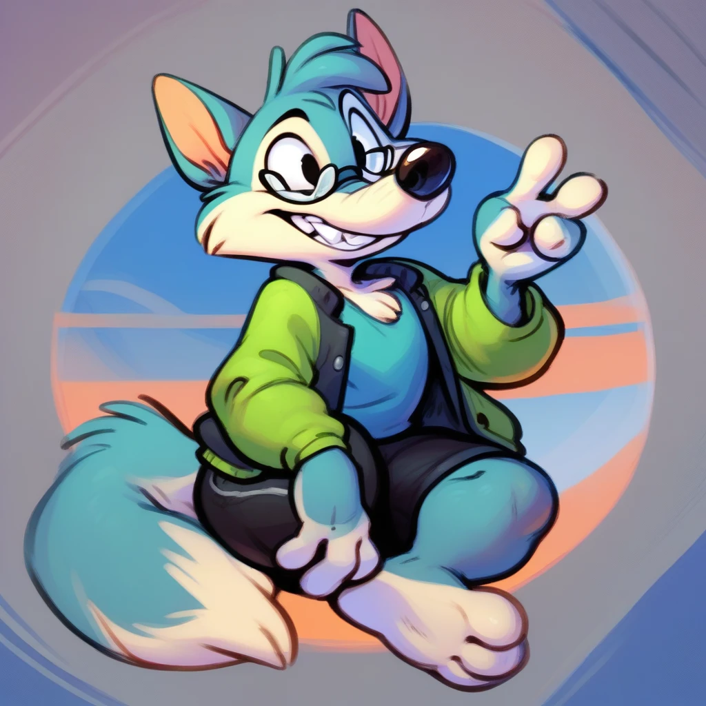 anthro, solo, mammal, clothing, male, abstract background, smile, eyewear, fur, clothed, topwear, glasses, canid, canine, grey body, grey fur, toony, blue body, bottomwear, biped, black nose, black shorts, thick thighs, feet, wolf, 4 fingers, fingers, gesture, canis, shirt, teeth, barefoot, toes, facial tuft, tuft, cheek tuft, jacket, tiny toons style,