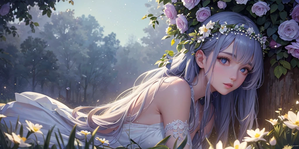 A beautiful girl sitting in a field of flowers, under the starry sky, detailed facial features, beautiful eyes, long eyelashes, delicate lips, detailed hair, intricate flower crown, flowing dress, serene expression, moonlit night, glowing stars, lush greenery, cinematic lighting, ethereal atmosphere, dreamlike, muted color palette, soft focus, highly detailed, photorealistic, 8k, masterpiece