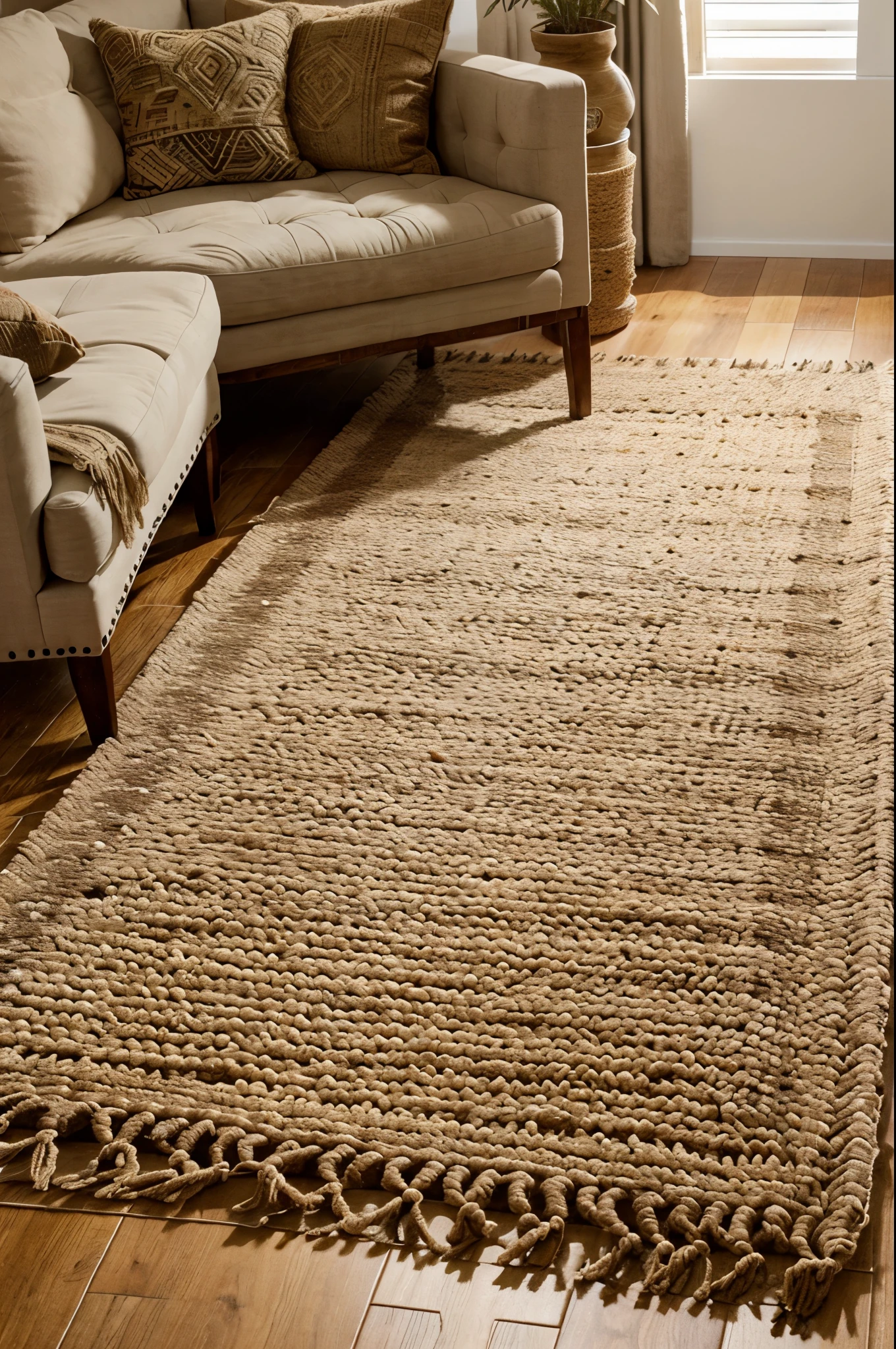 A living room with a natural fiber rug, such as jute or sisal, adding a boho touch to the floor.