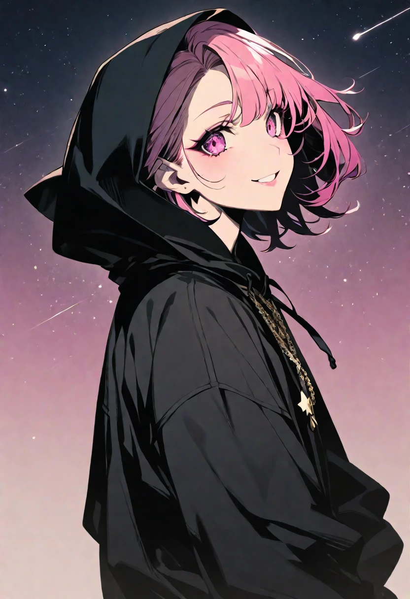 独奏,handsome, monotone,
1. female,
bangs,Bob Hair, the back of one's neck,
pink hair, 
Satoru Gojo ,
pink Eyes,Soft look,
beautiful,sexly,Darkness,gold necklace,cute,
oversize black hoodie ,smile,
simple background ,
star sky background,solo, High resolution, Smiling, 