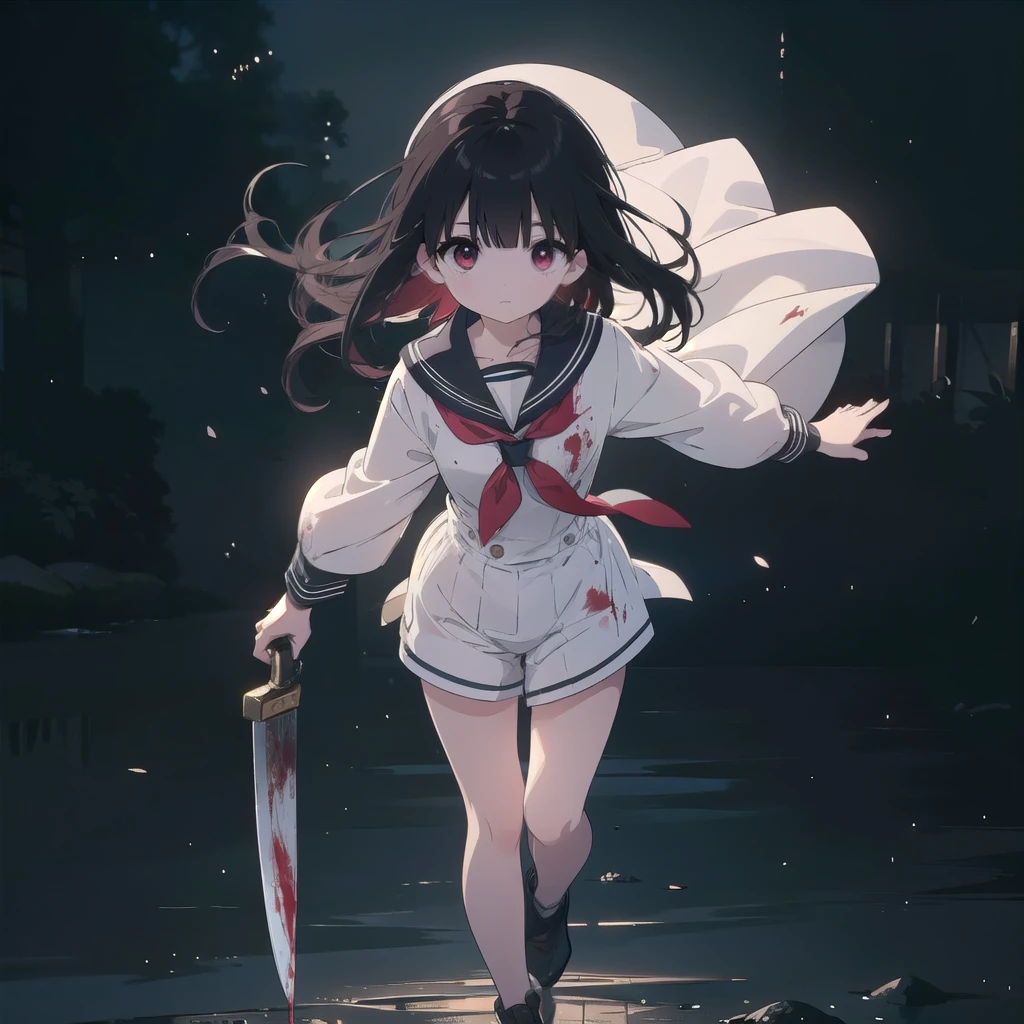 Little People Series, Yuki Osanai, Bob、Shortcuts, cropped black hair, bangs, Slanted Eyes、(Red gradient eyes:1.2), Expressionless、((Red cheeks))、Young、Short、(Trembling)、((Small breasts))、(avenger、murderer)、Holding the murder weapon, a kitchen knife、Bathing in blood、Bloody clothes、Blood dripping from the forehead、(No underwear)、
break , Open the chest、 Visible valley, Blood-stained body and face、Blood-stained white sailor suit,Date in town、Night Sky、Starry Sky、
break、Walk around town、beckoning、Raise your arms、Wide-open sailor suit、Hair fluttering violently in the wind、
masterpiece, Highest quality, High resolution, unity 8k wallpaper, (Beautiful attention to detail:1.6), Highly detailed face, Perfect lighting, Highly detailed CG, (Perfect hands, Perfect Anatomy),Full body portrait、