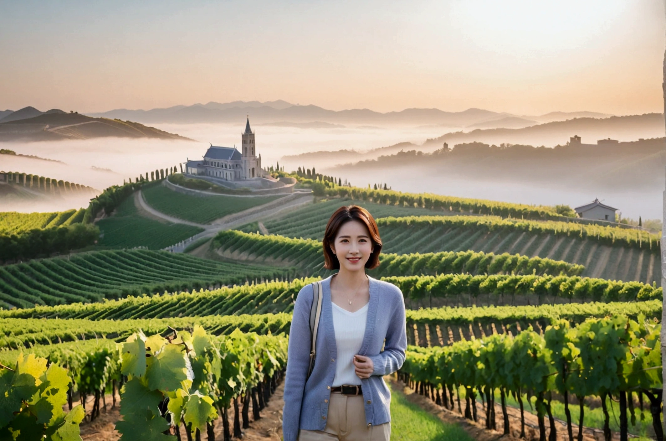 high quality, In 8K, 32K, Photo of a beautiful 36-year-old Korean woman, short medium hair, Inspired by Son Ye-jin, whole body, face focus, Shirt that goes up to the neck and a short cardigan from a luxury brand, beige casual pants, Italian countryside vineyard background, Ranged、make a happy face, 새벽 진한 한개속 The cathedral is visible in the distance, There is thick fog, path, looking up the side, Wear a shirt that covers your chest, The cathedral is visible in the distance, Photo of endless vineyard scenery, look up the side. thick dawn fog, Well-groomed hair, Photo of an elegant and modest woman, Endless vineyards, Vivid picture quality, Clear picture quality, 언덕 위 path, 1 woman, colonnade가 있는 휘어진 path 언덕에서 바라본다. colonnade, The waist area is visible. 휘어진 path에 서있다, colonnade가 있는 어덕길에 서있다, Looking down on the vineyard from the hill, The cathedral is visible in the distance,, 휘어진 path, White shirt and short Myeongmum brand cardigan, three-dimensional shape of grape leaves, wide angle lens shot, Express your fingers carefully, Express your fingers accurately, Put your hands in your pockets, three-dimensional grape leaves