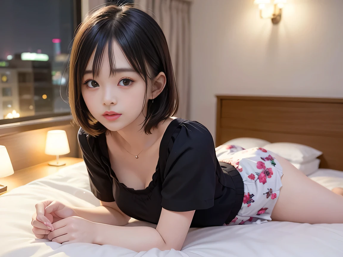 Highest quality, masterpiece, Ultra-high resolution, 8k, RAW Photos, Realistic, Anatomically correct:1.5), 20-year-old girl:1.2, Embarrassing, avert your eyes, blush:1.0, View Viewer, ((Hotel room at night)) 、(Dim lighting)、On the bed、Large windows、Night view、 Light:1.2, Bokeh, Cinema Lighting:1.0, sharp、 Cute Face、Idol、Short sleeve tulle top、Tulle skirt、(Black clothing)、”dwarf”、(Floral clothes)、(Full Body Shot)、Side angle、Cowboy Shot、Sexy pose、 smile、((Ultra short hair、Berry Short))、(Straight bangs)、(( One Girl))、(Waist)、(I can see your thighs)、(Accurate depiction)、((Fuller lips)),Large Breasts、