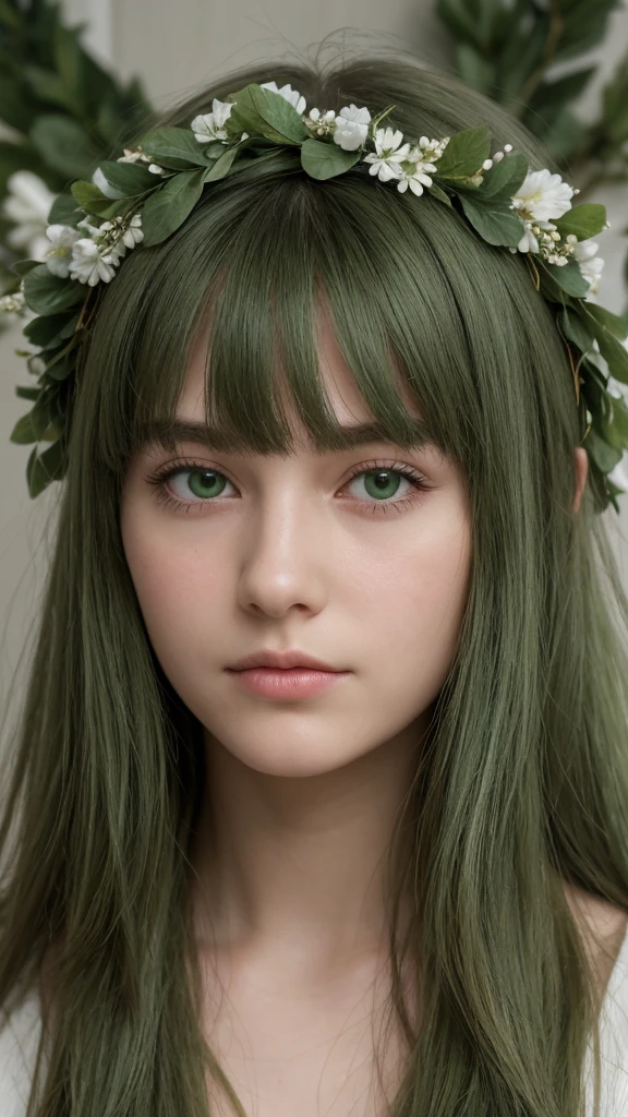 a girl.  Europe.  Extremely detailed face.  Oval face.  delicate facial features.  half-closed eyes.  long straight hair.  messy hair.  bangs.  green hair.  green eyes.  wreath on head.  afraid.  shy.  straight face