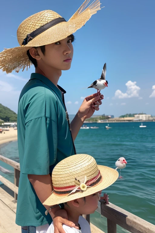 Highest quality,4K,Cowboy Shot:1.5,(Fisherman Boy、Straw hat,Cute eyes:1.5,A buncho on his shoulder、A Java sparrow is his pet.:1.5),Boy with fishing equipment、port、Gazing at the Sea、(Emerald Green Sea,Sun reflection,The water surface is sparkling:1.5,)Very beautiful scenery,Seagulls are flying,Spoiled brat、