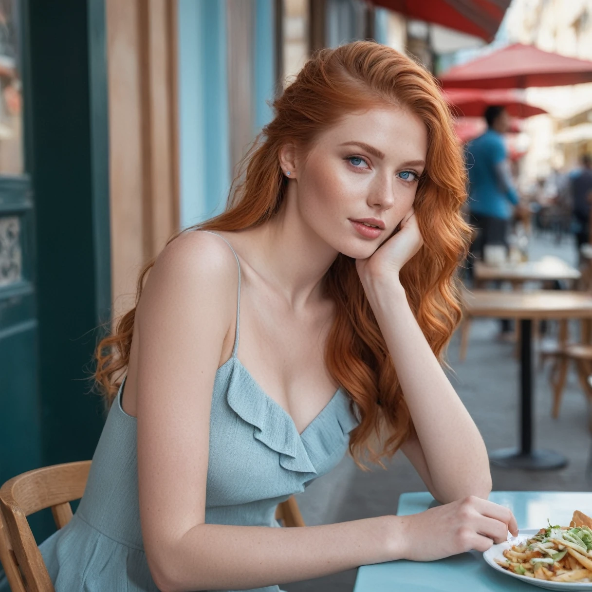 Photography full body portrait of a very beautiful realistic light red haired model, Elena Fernades, with light blue eyes, sitting in a street café, Eating street food, porcelain skin, Very light perfect skin, very pale skin, redhead, wavy, pony tail, Detail of skin structure, beautiful light blue eyes, think of arched eyebrows, thick lower lip, Seductive glance, happy face, unique face, Wear a casual dress, detailed photo, foto realista, Masterpiece Image, sharp image, clear daylight outside. Photo 480 x 768 , gorgeous woman.