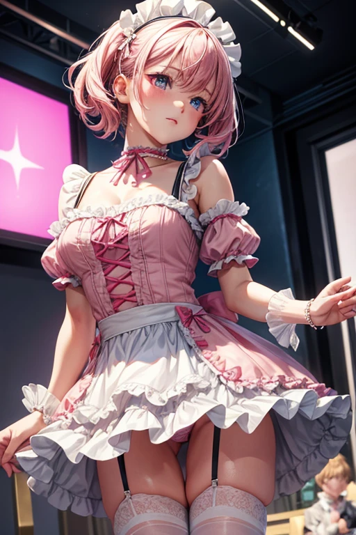 1 boy, frilly pink and white maid dress, ruffled skirt, mid-thigh, black thigh high stockings, pink lace panties, cropped off-shoulder tank top, kawaii anime character print, delicate rhinestone choker, ultra-feminine, cutesy, best quality, 4k, 8k, highres, masterpiece:1.2, ultra-detailed, realistic, photorealistic, photo-realistic:1.37, HDR, UHD, studio lighting, ultra-fine painting, sharp focus, physically-based rendering, extreme detail description, professional, vivid colors, bokeh, anime, kawaii