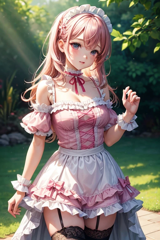 1 boy, frilly pink and white maid dress, ruffled skirt, mid-thigh, black thigh high stockings, pink lace panties, cropped off-shoulder tank top, kawaii anime character print, delicate rhinestone choker, ultra-feminine, cutesy, best quality, 4k, 8k, highres, masterpiece:1.2, ultra-detailed, realistic, photorealistic, photo-realistic:1.37, HDR, UHD, studio lighting, ultra-fine painting, sharp focus, physically-based rendering, extreme detail description, professional, vivid colors, bokeh, anime, kawaii