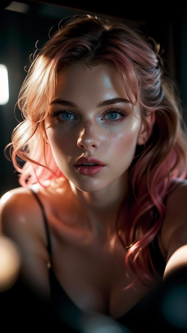 (((ultra realistic))) Photo, masterpiece, premium quality, (pale skin), (Ultra detailed face and eyes: 1.3), 1 girl, Adult, with t-shirt, ((Eye makeup, pink mascara)), ((big detailed lips)), ((straight fuchsia hair)), ((Chyolka)), (Natural breasts), Thin waist. ((Posing)), photo shoot, studio (soft lighting), (The play of light and shadows), depth of field, bokeh, (special attention to detail of the skin: 1.2), Detailed texture of the leather, pores of the skin. (Bright mood of the frame. Color range: delicate, bright, Pink tones), UDR, ((Film grain)), ((rays)), (Glare), ((Photo from behind, close-up), ultra detailed ,