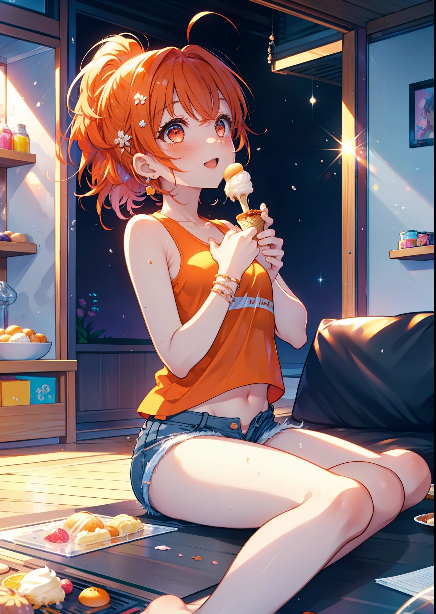 Takahai Chige,Orange Hair,Red eyes,smile,blush,Open your mouth,Long Hair,Ahoge,Orange tank top,Shorts,barefoot,Holding and eating ice cream with both hands,Sitting on the sofa, break indoors, room, break looking at viewer, whole body, (Cowboy Shot:1. 5) break (masterpiece:1.2), Highest quality, High resolution, unity 8k wallpaper, (shape:0.8), (Beautiful attention to detail:1.6), Highly detailed face, Perfect lighting, Extremely detailed CG, (Perfect hands, Perfect Anatomy),