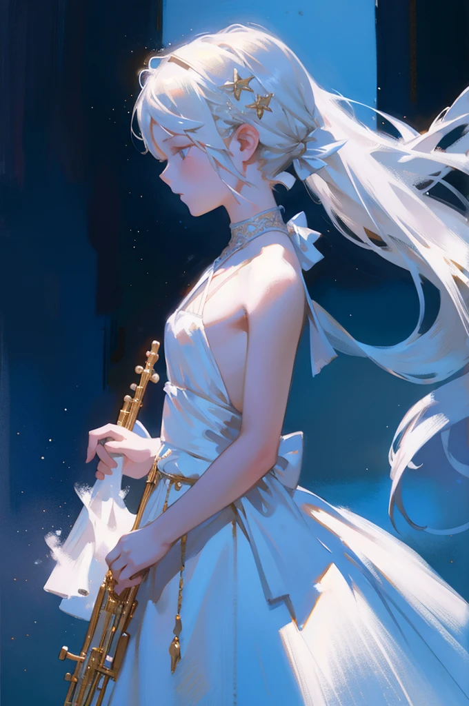 full-body portraits,(Drawing of girl playing flute), white dresses,low head,With his eyes closed,Mandy Jürgens (Mandy Jurgens) Realistic paintings created, Perverted, arte figurativa, Detailed depiction of the, realistically, An artwork of, contours, seen from the side, simple backgound