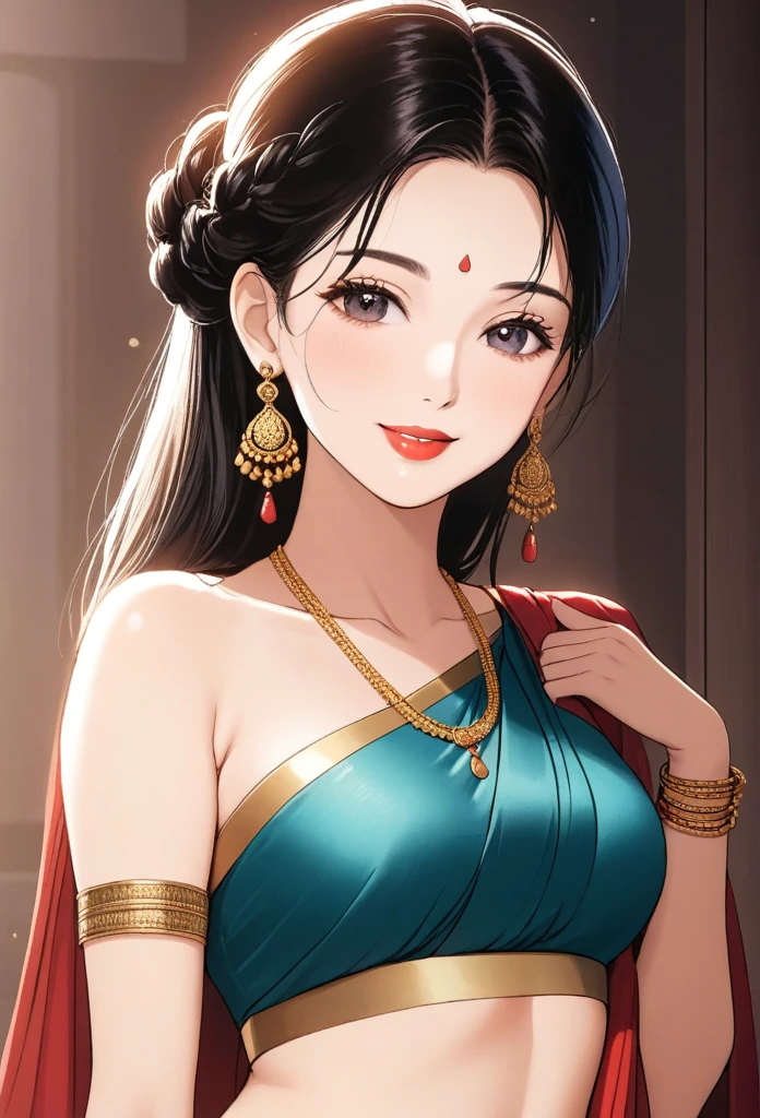 ((1woman, mature,single hair braid,saree, big long  jhumka earrings , detailed alluring eyes, smooth detailed lips, beautiful face, smiling ,red lipstick ,navel,bangles,blue ribbon,