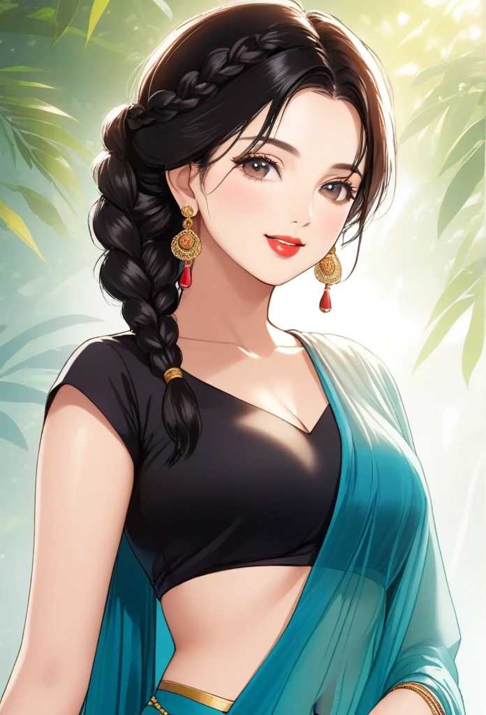 ((1woman, mature,single hair braid,saree, big long jhumka earrings , detailed alluring eyes, smooth detailed lips, beautiful face, smiling ,red lipstick ,navel,bangles,blue ribbon,