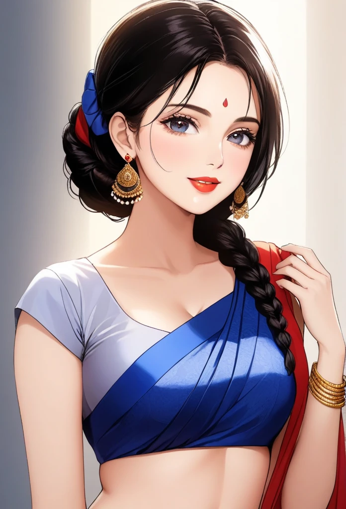 ((1woman, mature,single hair braid,saree, big long  jhumka earrings , detailed alluring eyes, smooth detailed lips, beautiful face, smiling ,red lipstick ,navel,bangles,blue ribbon,