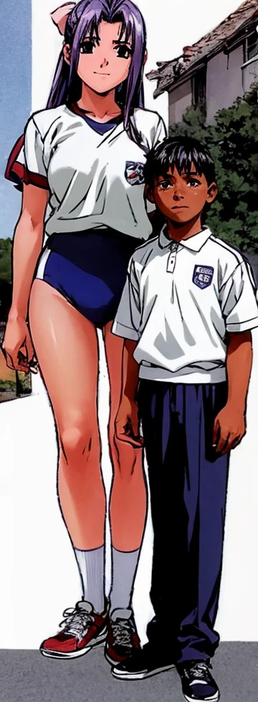 Momoko Koigakubo, a tall girl with beautiful legs, is standing with a smile on her face in a white gym uniform and light navy blue bloomers that look like panties.。Momoko Koigakubo is holding a boy in a jersey。
