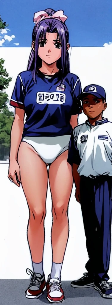 Momoko Koigakubo, a tall girl with beautiful legs, is standing with a smile on her face in a white gym uniform and light navy blue bloomers that look like panties.。Momoko Koigakubo is holding a boy in a jersey。