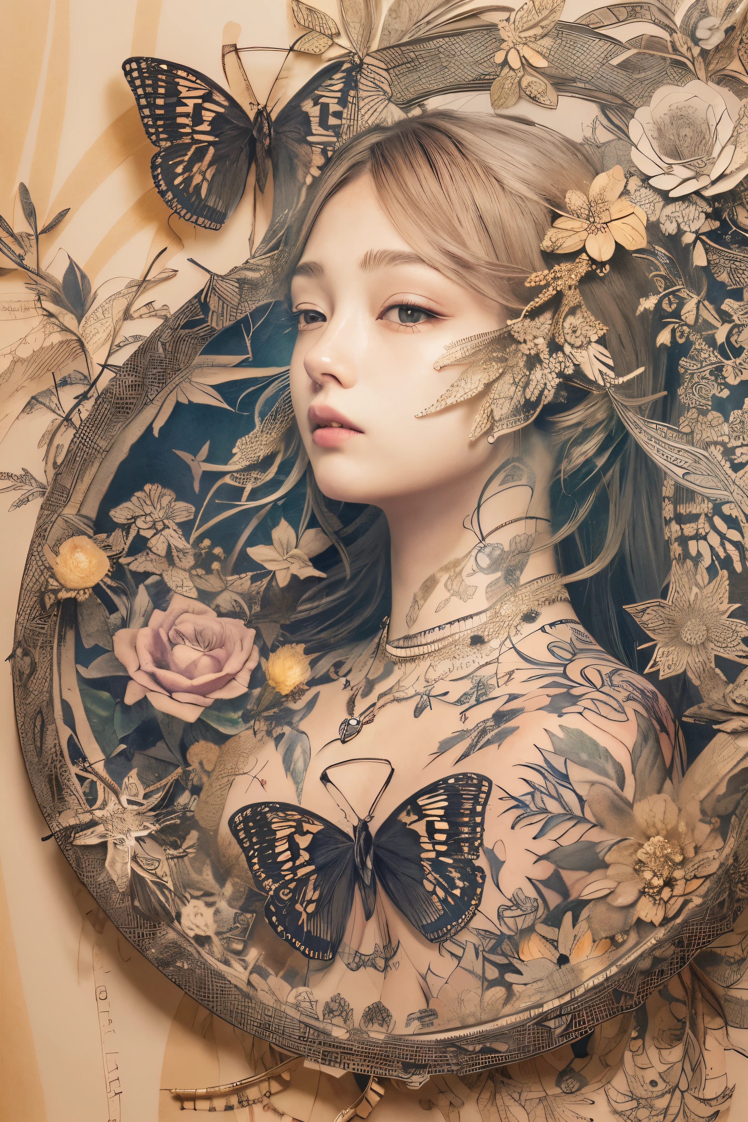 ((((masterpiece))), tattoo、Highest quality, An illustration, Beautiful details shine,
paper_cut, The details of a fragile girl&#39;s face captured on camera, wood, moon, butterfly,Wind、star、spider、Ladybug、centipede