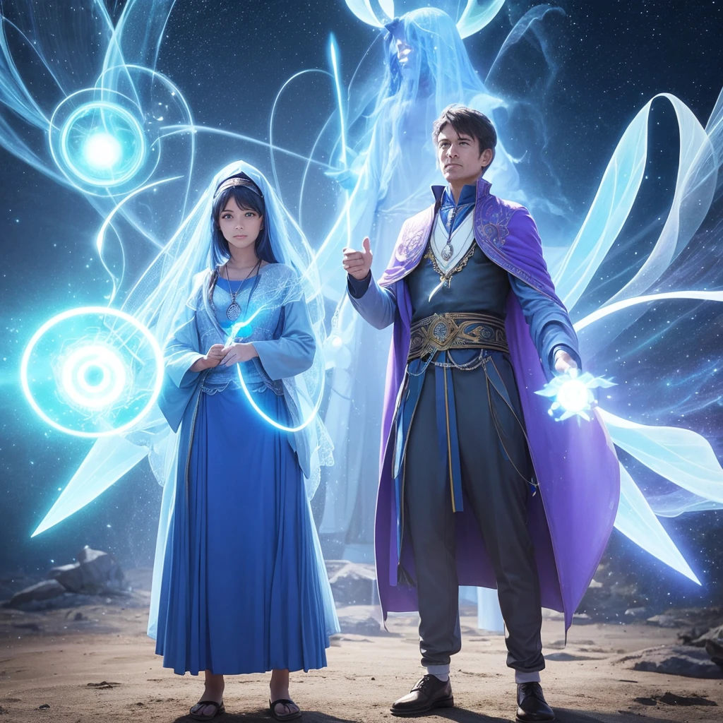 Person standing with spiritual mentor from another dimension assisting with a blue aura around them