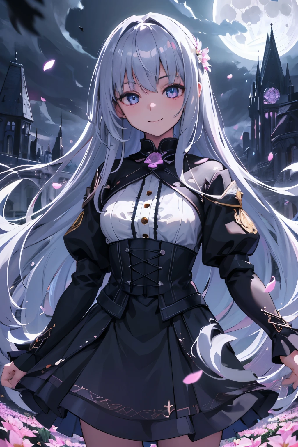 masterpiece, Highest quality,, One girl, (colorful),(Beautifully detailed eyes and face),cinematic Lighting,Bust Shot,Highly detailed CG Unity 8k wallpaper,Gray Hair,alone,smile,Complex skirt,((Flying petals)),(Flowery meadow), null, cloudy_null, building, moonLight, moon, night, (Dark Theme:1.3), Light, Fantasy,